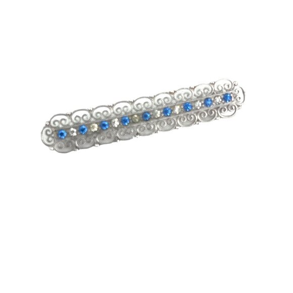 Vintage Sterling Silver Bar Pin With Blue Rhinestones & Filigree Design 1.5 Inch - Picture 2 of 6